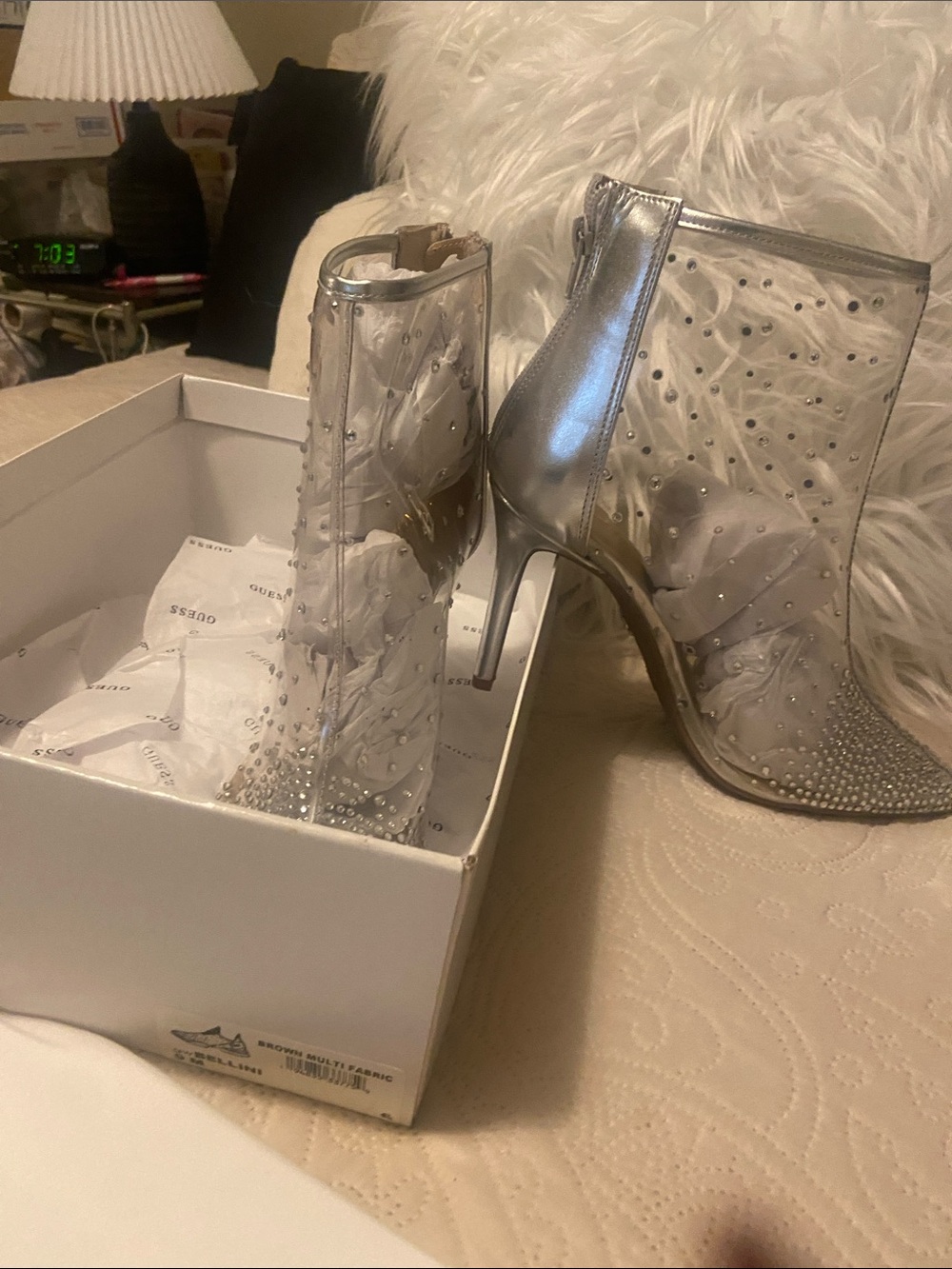 Guess Metallic Silver Sheer Crystal Ankle Boots